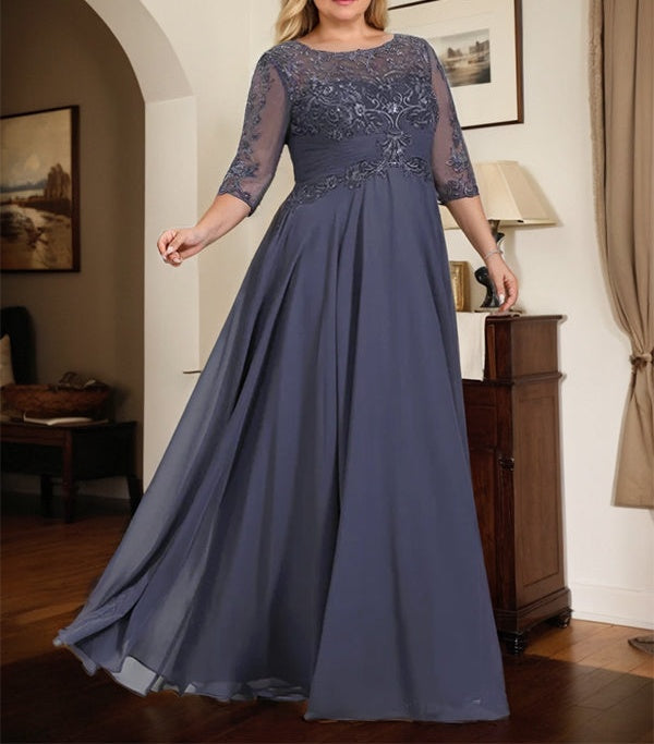 A-line Scoop Illusion Floor-Length Chiffon Lace Mother of the Bride Dress With Pleated Sequins
