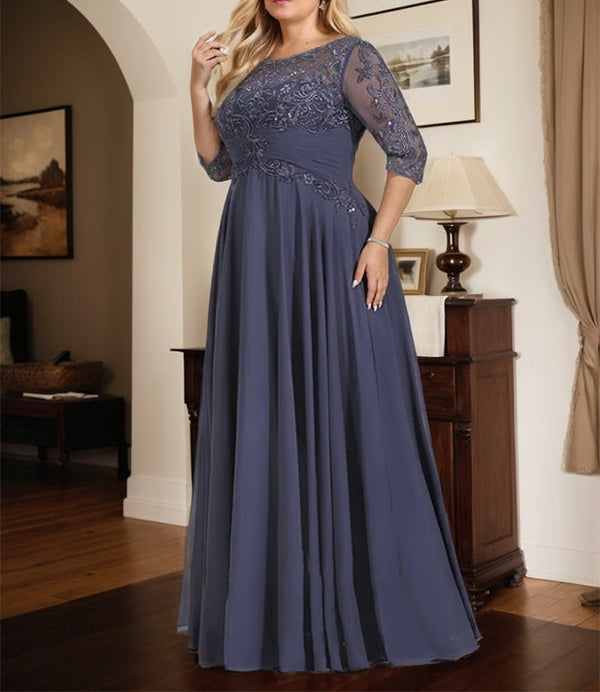 A-line Scoop Illusion Floor-Length Chiffon Lace Mother of the Bride Dress With Pleated Sequins