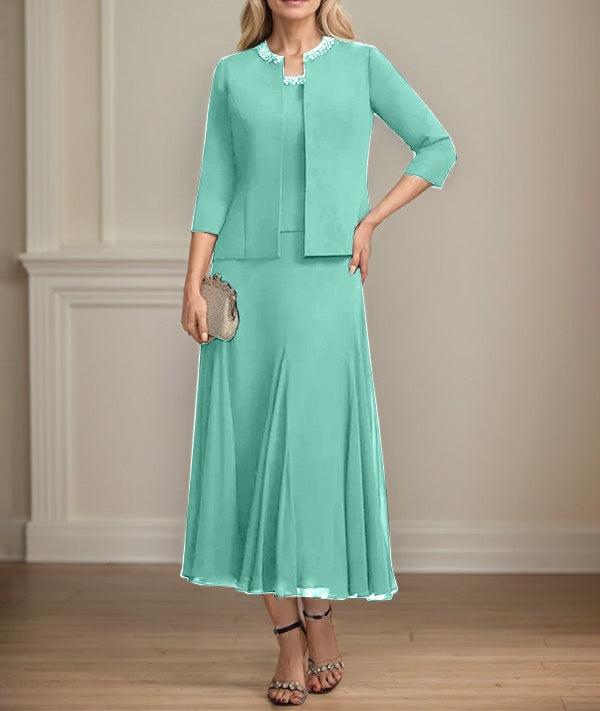 Separates A-line Scoop Tea-Length Chiffon Mother of the Bride Dress With Sequins Beading