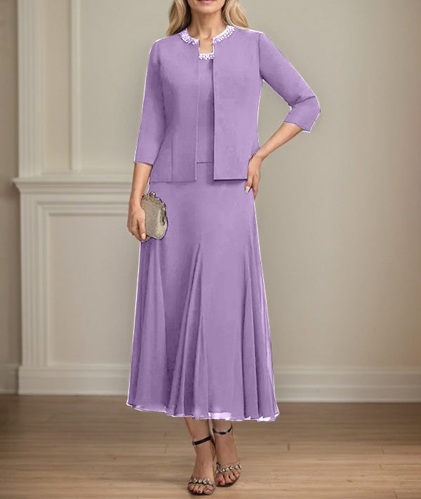 Separates A-line Scoop Tea-Length Chiffon Mother of the Bride Dress With Sequins Beading