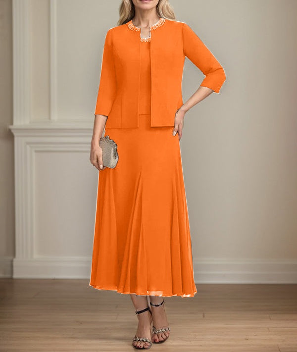 Separates A-line Scoop Tea-Length Chiffon Mother of the Bride Dress With Sequins Beading