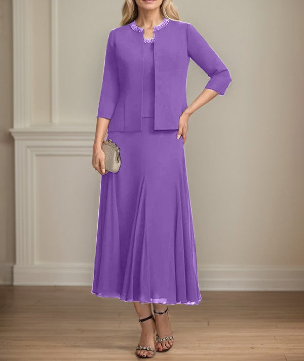 Separates A-line Scoop Tea-Length Chiffon Mother of the Bride Dress With Sequins Beading