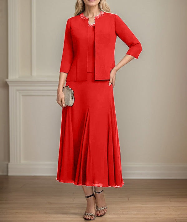 Separates A-line Scoop Tea-Length Chiffon Mother of the Bride Dress With Sequins Beading
