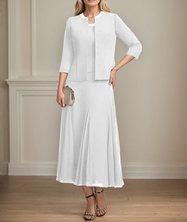 Separates A-line Scoop Tea-Length Chiffon Mother of the Bride Dress With Sequins Beading