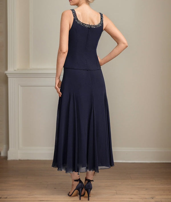 Separates A-line Scoop Tea-Length Chiffon Mother of the Bride Dress With Sequins Beading