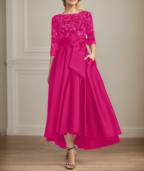 A-line Scoop Illusion Asymmetrical Satin Lace Mother of the Bride Dress With Bow