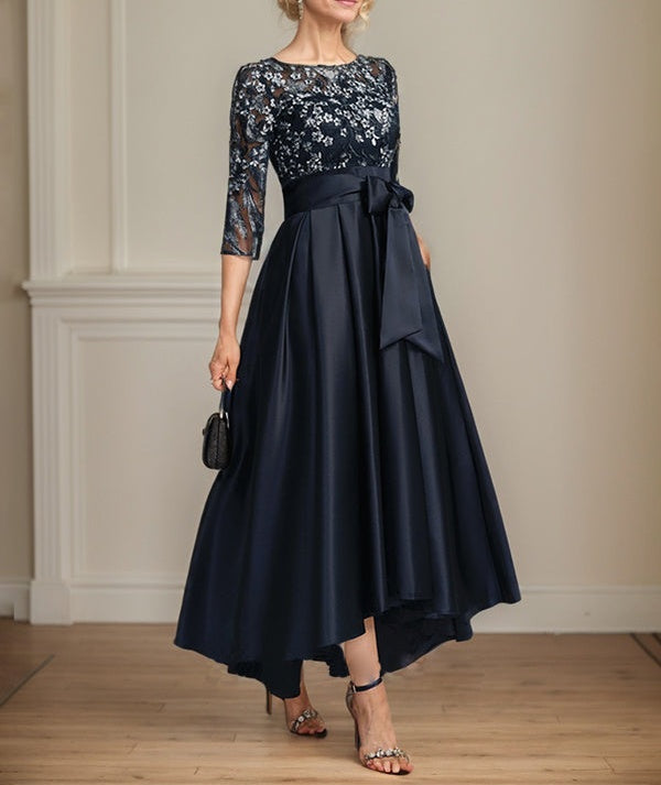 A-line Scoop Illusion Asymmetrical Satin Lace Mother of the Bride Dress With Bow