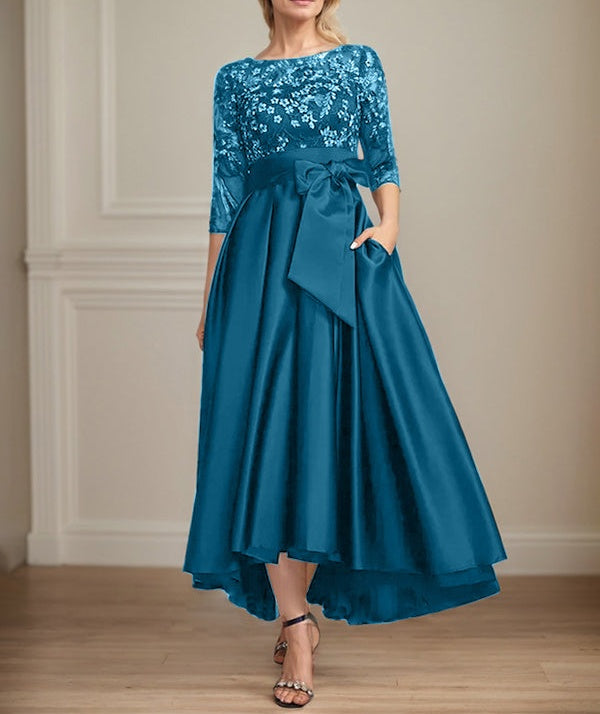 A-line Scoop Illusion Asymmetrical Satin Lace Mother of the Bride Dress With Bow