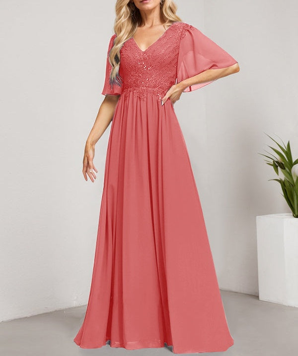 A-line V-Neck Floor-Length Lace Chiffon Mother of the Bride Dress With Sequins