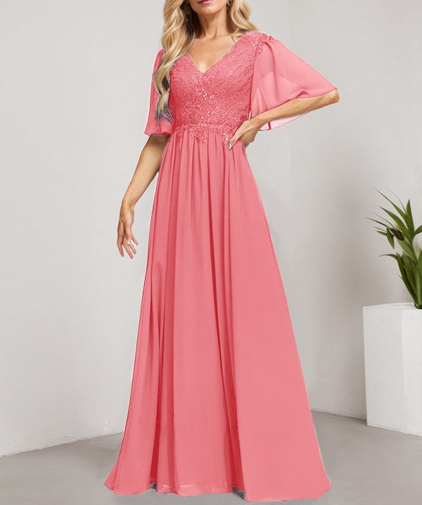 A-line V-Neck Floor-Length Lace Chiffon Mother of the Bride Dress With Sequins