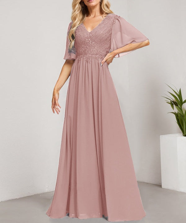 A-line V-Neck Floor-Length Lace Chiffon Mother of the Bride Dress With Sequins
