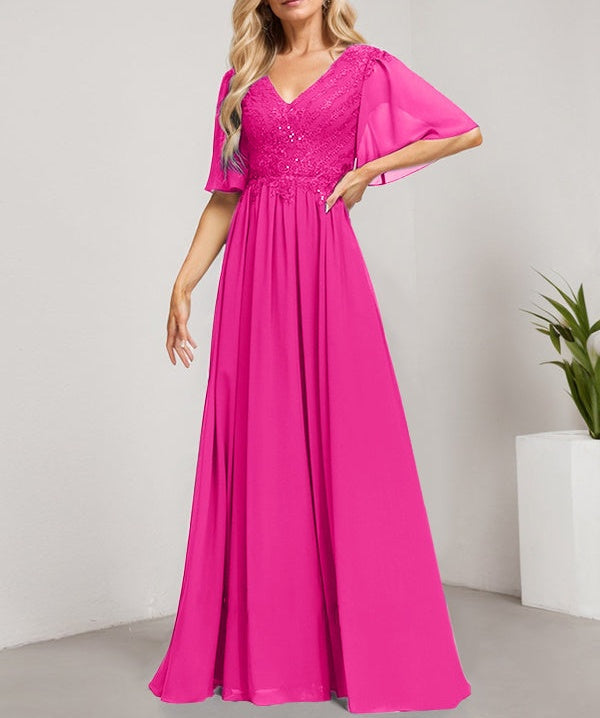 A-line V-Neck Floor-Length Lace Chiffon Mother of the Bride Dress With Sequins