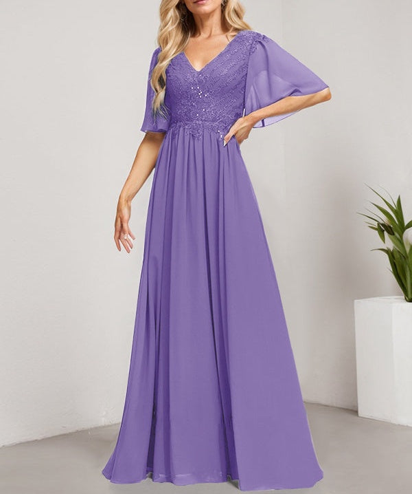 A-line V-Neck Floor-Length Lace Chiffon Mother of the Bride Dress With Sequins