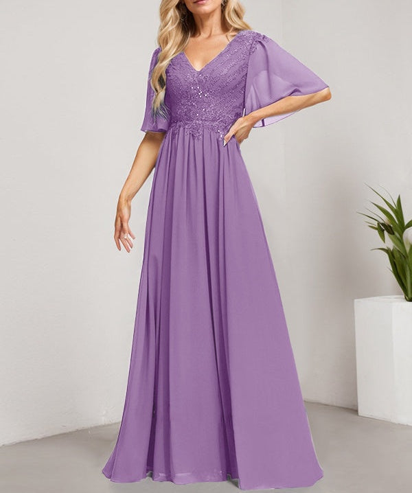 A-line V-Neck Floor-Length Lace Chiffon Mother of the Bride Dress With Sequins