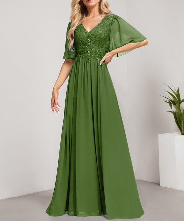 A-line V-Neck Floor-Length Lace Chiffon Mother of the Bride Dress With Sequins