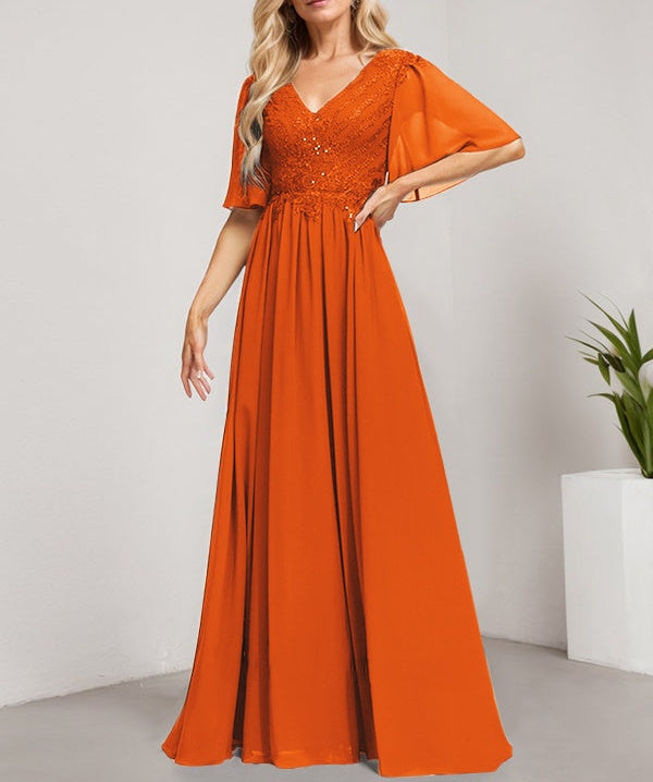 A-line V-Neck Floor-Length Lace Chiffon Mother of the Bride Dress With Sequins