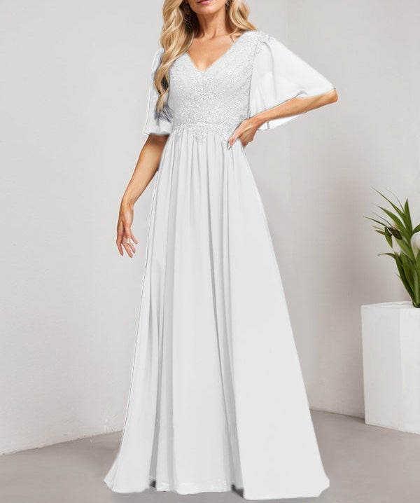 A-line V-Neck Floor-Length Lace Chiffon Mother of the Bride Dress With Sequins