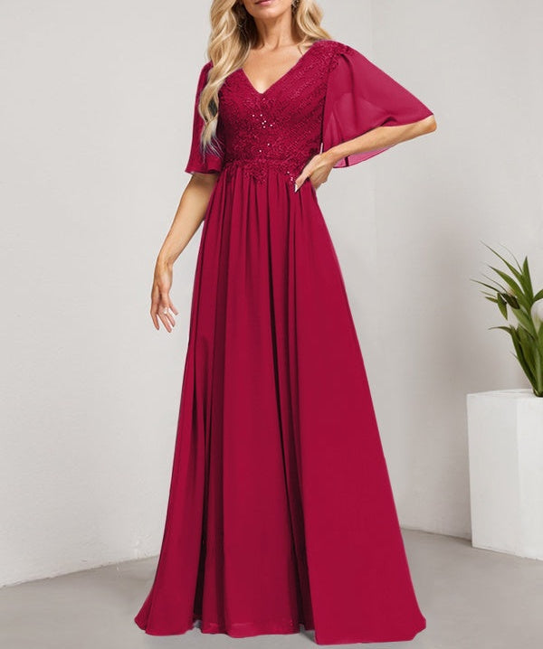A-line V-Neck Floor-Length Lace Chiffon Mother of the Bride Dress With Sequins
