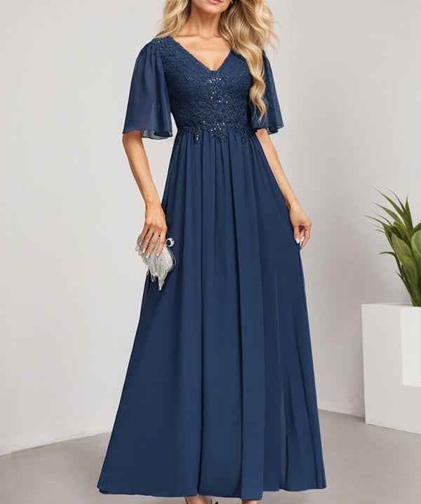 A-line V-Neck Floor-Length Lace Chiffon Mother of the Bride Dress With Sequins