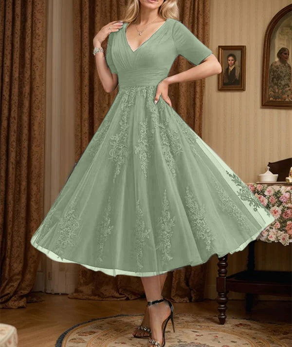 A-line V-Neck Tea-Length Tulle Lace Mother of the Bride Dress With Pleated