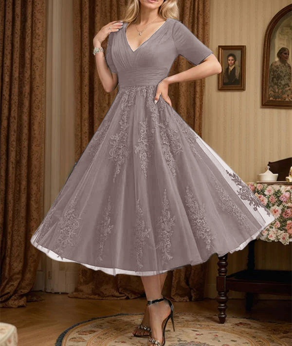 A-line V-Neck Tea-Length Tulle Lace Mother of the Bride Dress With Pleated