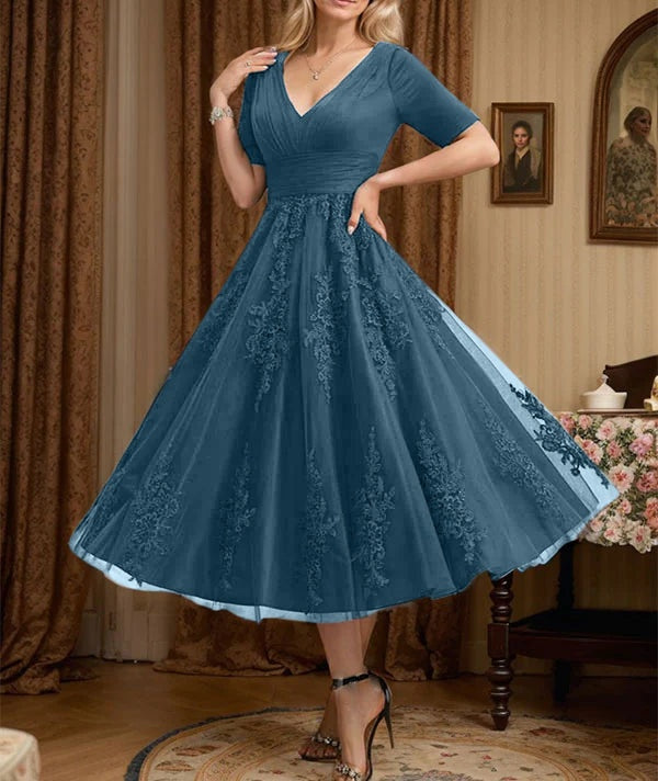 A-line V-Neck Tea-Length Tulle Lace Mother of the Bride Dress With Pleated