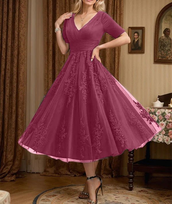 A-line V-Neck Tea-Length Tulle Lace Mother of the Bride Dress With Pleated