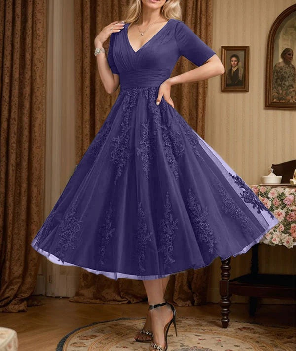 A-line V-Neck Tea-Length Tulle Lace Mother of the Bride Dress With Pleated
