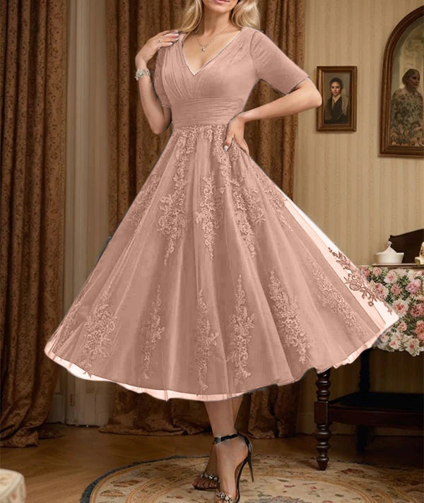 A-line V-Neck Tea-Length Tulle Lace Mother of the Bride Dress With Pleated