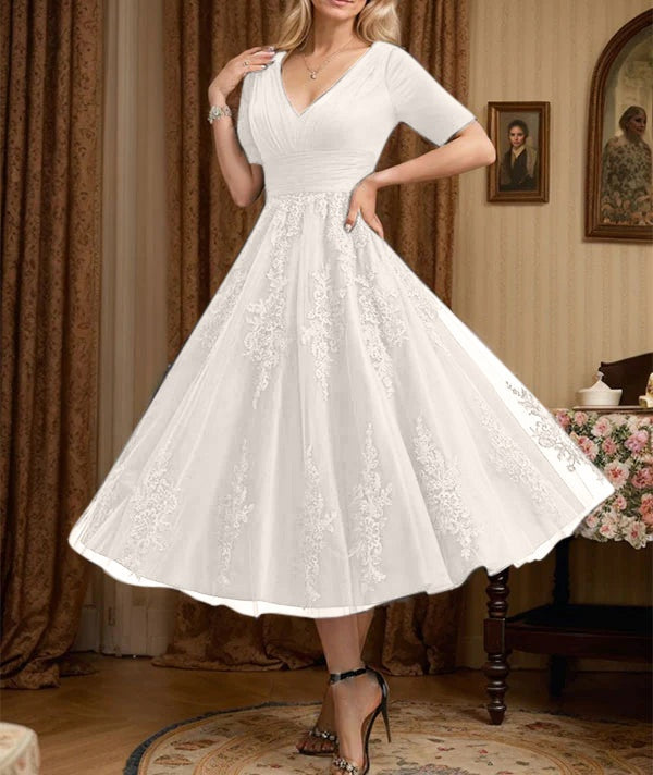 A-line V-Neck Tea-Length Tulle Lace Mother of the Bride Dress With Pleated