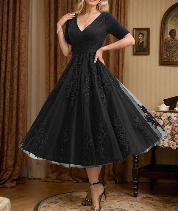 A-line V-Neck Tea-Length Tulle Lace Mother of the Bride Dress With Pleated