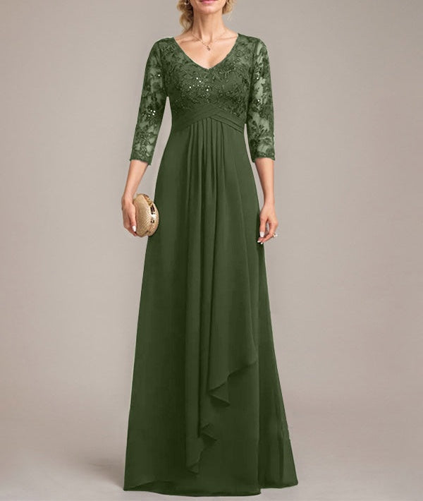 A-line V-Neck Floor-Length Lace Chiffon Mother of the Bride Dress With Cascading Ruffles Sequins