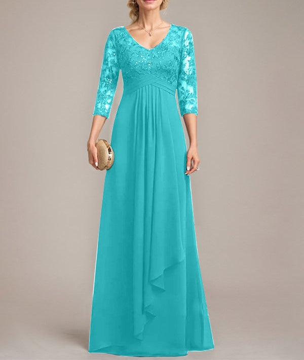 A-line V-Neck Floor-Length Lace Chiffon Mother of the Bride Dress With Cascading Ruffles Sequins