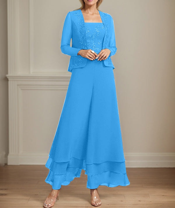Separates Jumpsuit/Pantsuit Square Ankle-Length Lace Chiffon Mother of the Bride Dress With Sequins