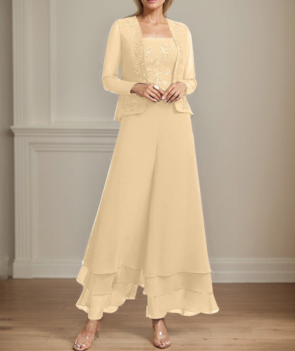 Separates Jumpsuit/Pantsuit Square Ankle-Length Lace Chiffon Mother of the Bride Dress With Sequins