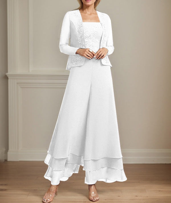 Separates Jumpsuit/Pantsuit Square Ankle-Length Lace Chiffon Mother of the Bride Dress With Sequins