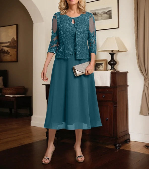 A-line Scoop Tea-Length Lace Chiffon Mother of the Bride Dress With Sequins