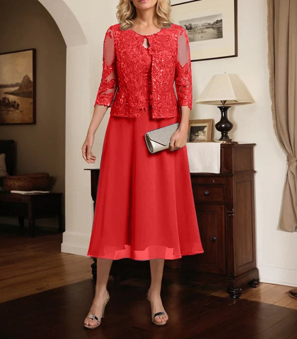 A-line Scoop Tea-Length Lace Chiffon Mother of the Bride Dress With Sequins