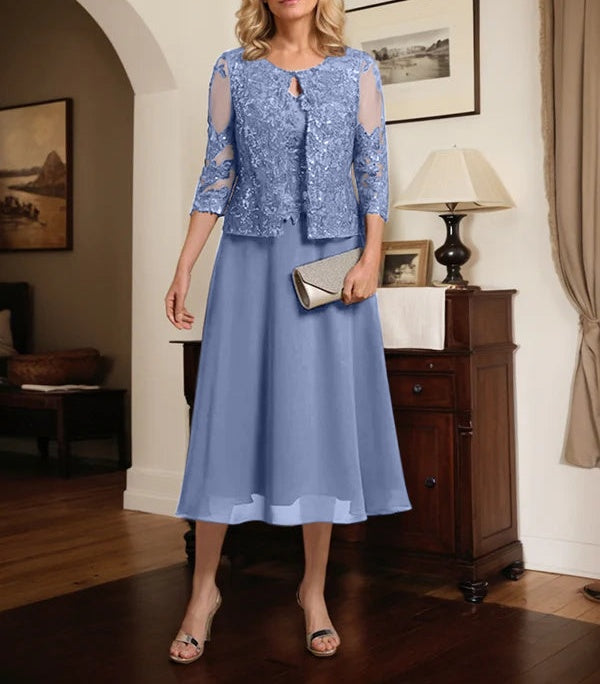 A-line Scoop Tea-Length Lace Chiffon Mother of the Bride Dress With Sequins