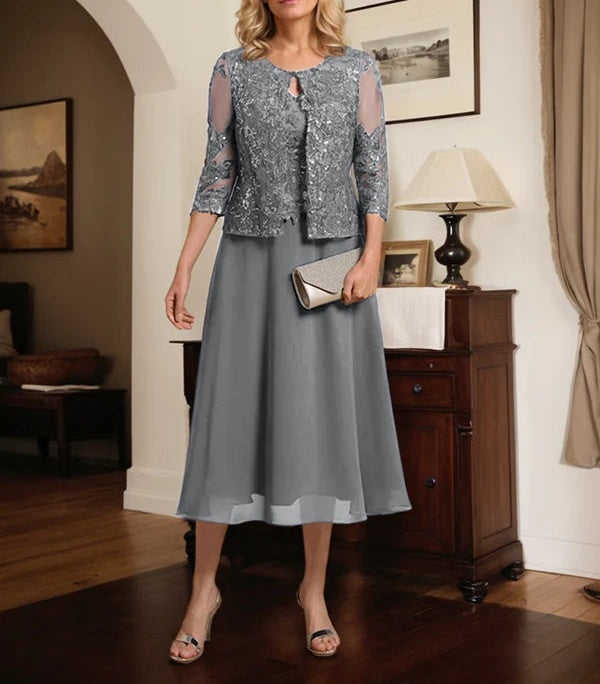 A-line Scoop Tea-Length Lace Chiffon Mother of the Bride Dress With Sequins