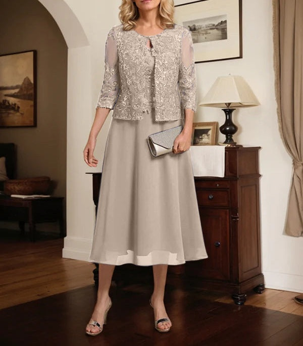 A-line Scoop Tea-Length Lace Chiffon Mother of the Bride Dress With Sequins
