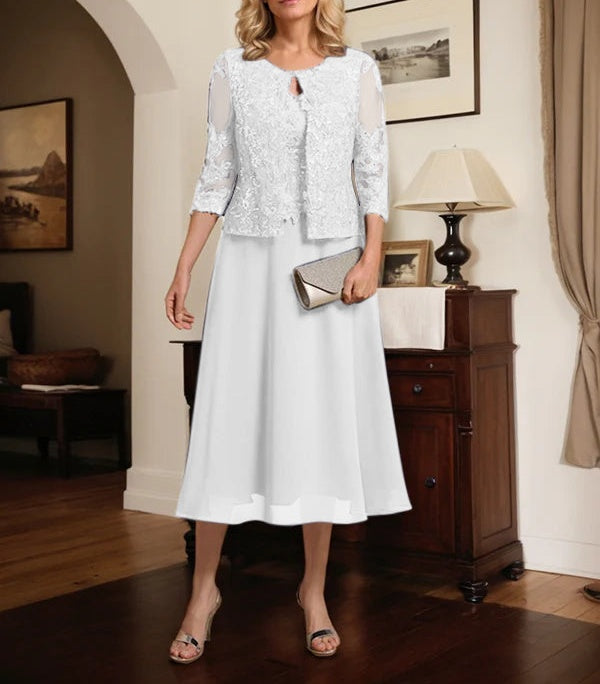 A-line Scoop Tea-Length Lace Chiffon Mother of the Bride Dress With Sequins