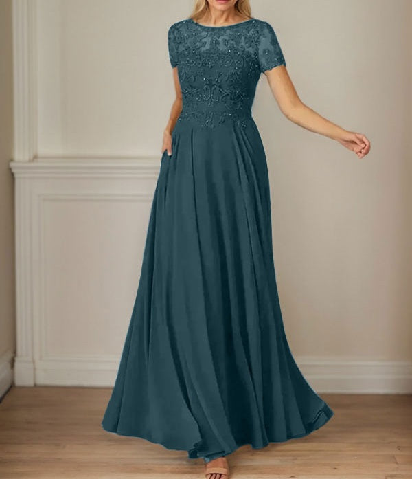 Dark Navy A-Line Boatneck Sequins Chiffon Dress
