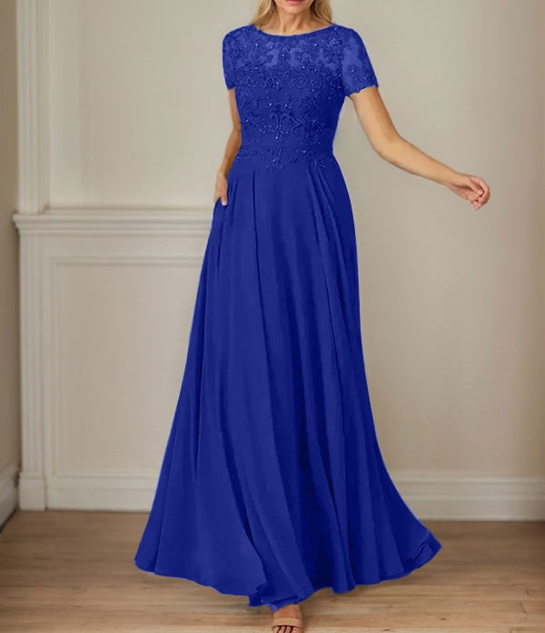 Dark Navy A-Line Boatneck Sequins Chiffon Dress