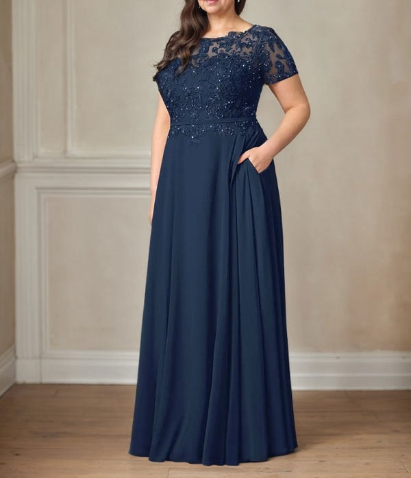Dark Navy A-Line Boatneck Sequins Chiffon Dress