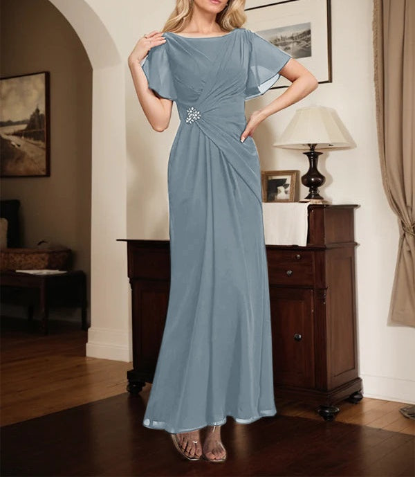 A-line Scoop Ankle-Length Chiffon Mother of the Bride Dress With Beading Pleated