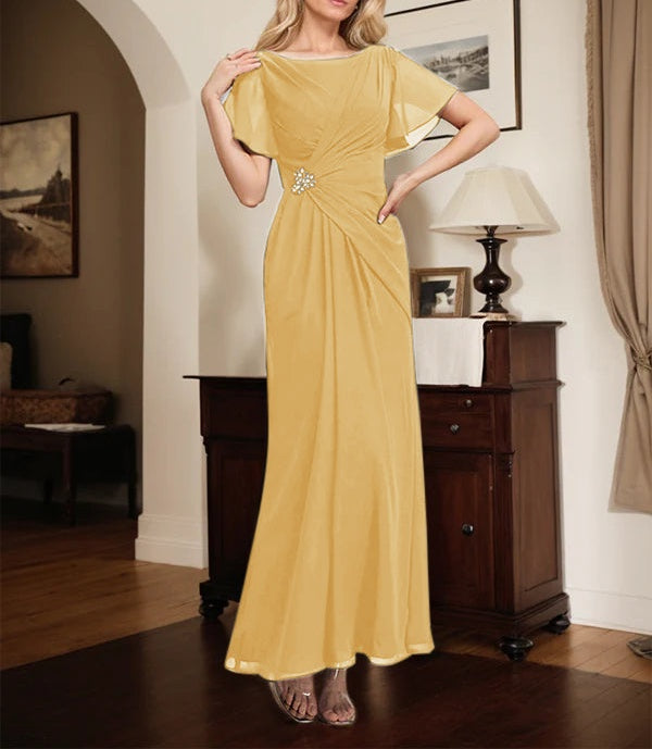 A-line Scoop Ankle-Length Chiffon Mother of the Bride Dress With Beading Pleated