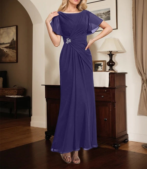 A-line Scoop Ankle-Length Chiffon Mother of the Bride Dress With Beading Pleated
