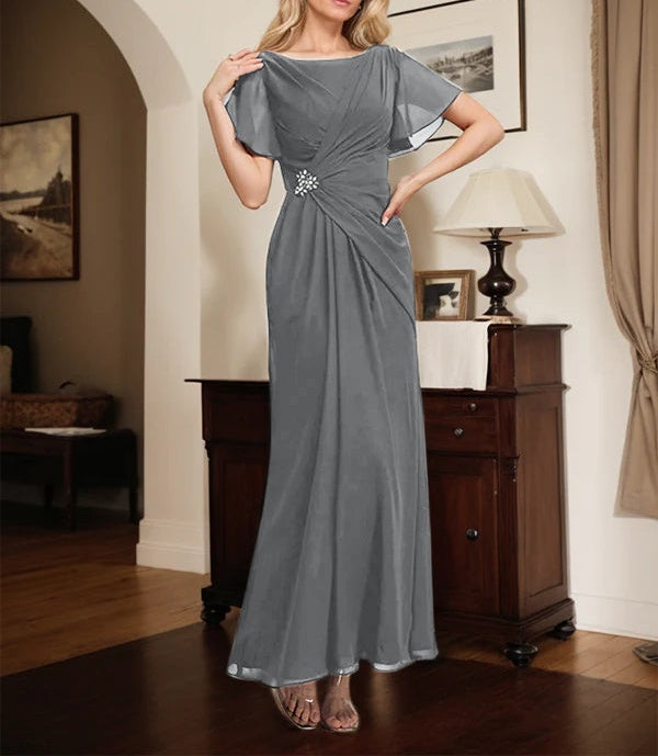 A-line Scoop Ankle-Length Chiffon Mother of the Bride Dress With Beading Pleated