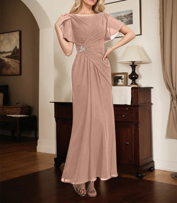 A-line Scoop Ankle-Length Chiffon Mother of the Bride Dress With Beading Pleated
